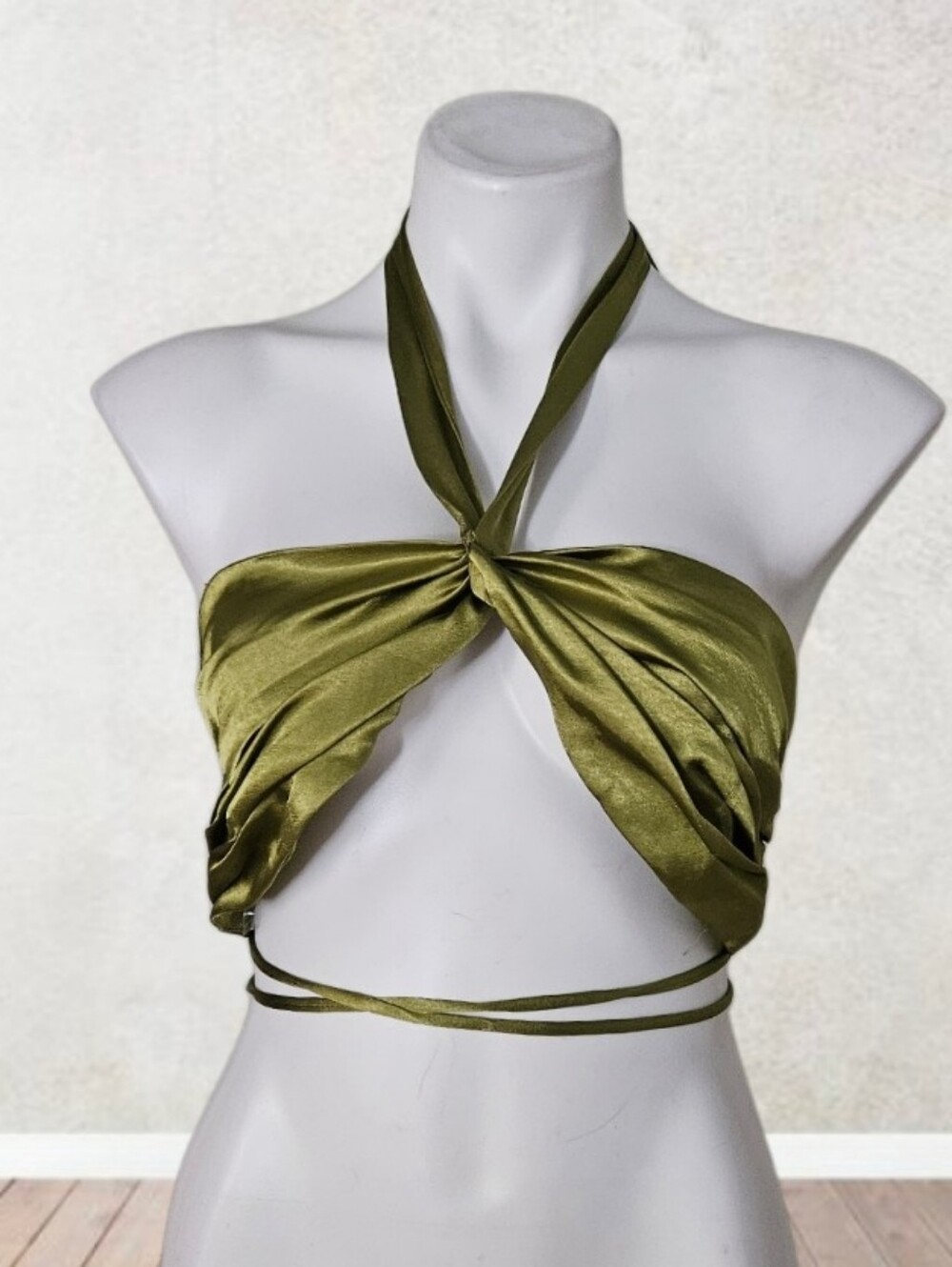 Oh Polly Olive Green Halter Knot Satin Crop Top Size 4